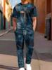 European & American Casual Sports Printed Two-piece Set: Short-sleeve Long Pants