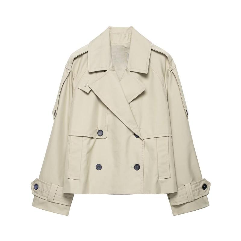 Womens Vintage Style Short Trench Coat Solid Color Double Breasted Street