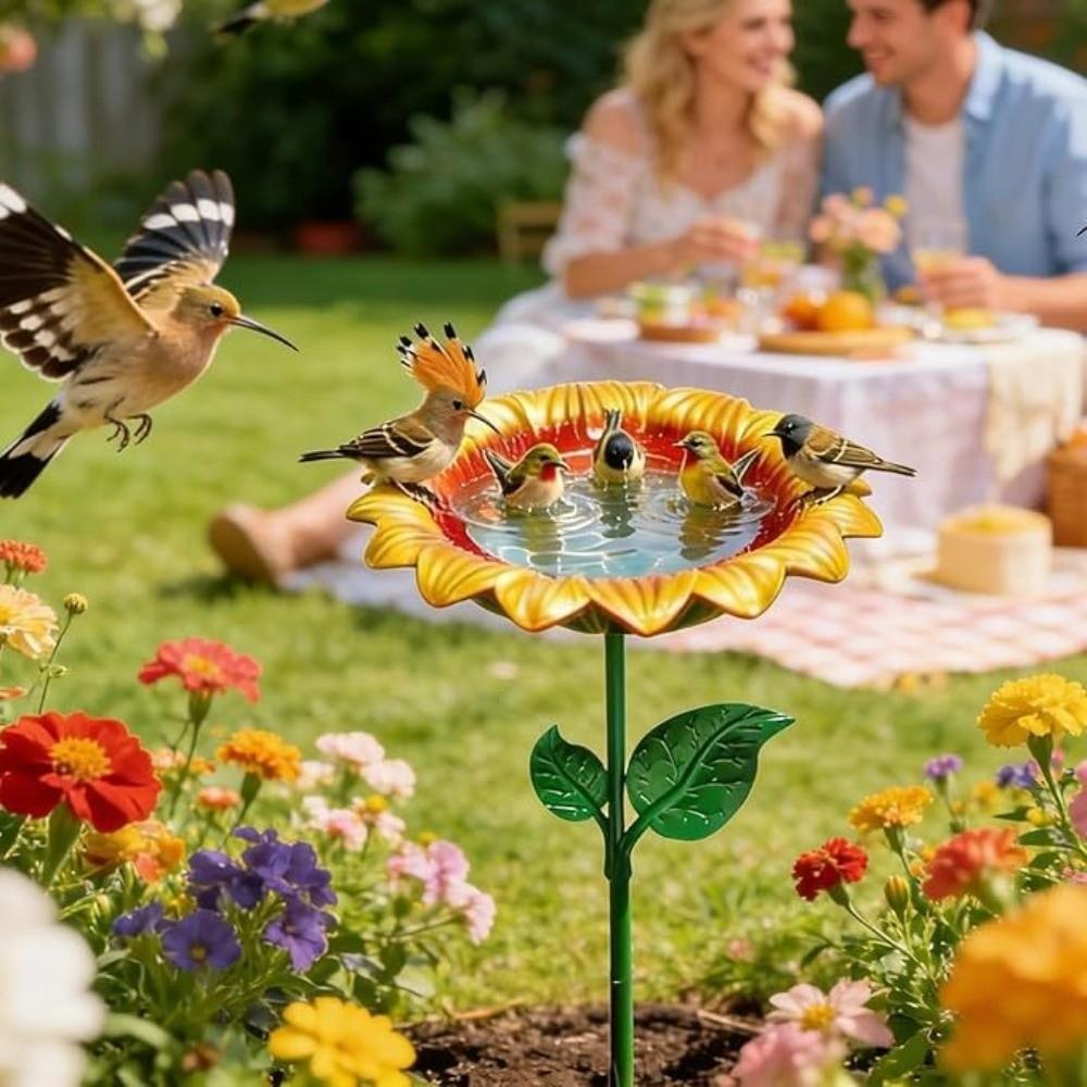 Metal Bird Bath Sunflower Flower Garden Stake Decorative Bee Butterfly Watering Station Garden