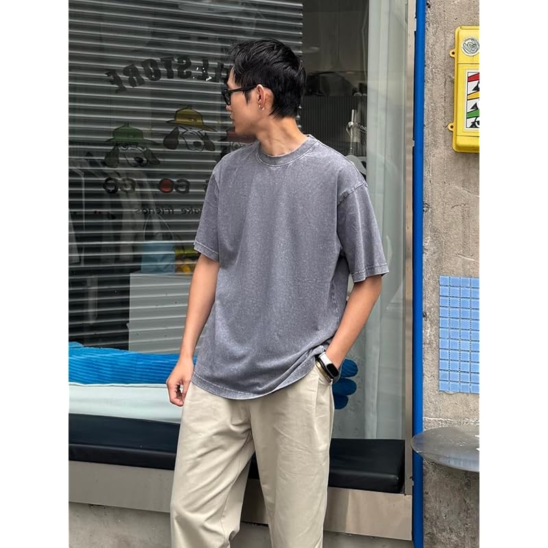 [CHANGE WELL] мужская одежда 2025SS в винтажном стиле, весенне-летняя одежда плотностью 8 унций [Стирка] Футболка с коротким рукавом, раскрой и пошив (СЕРЫЙ, Л)