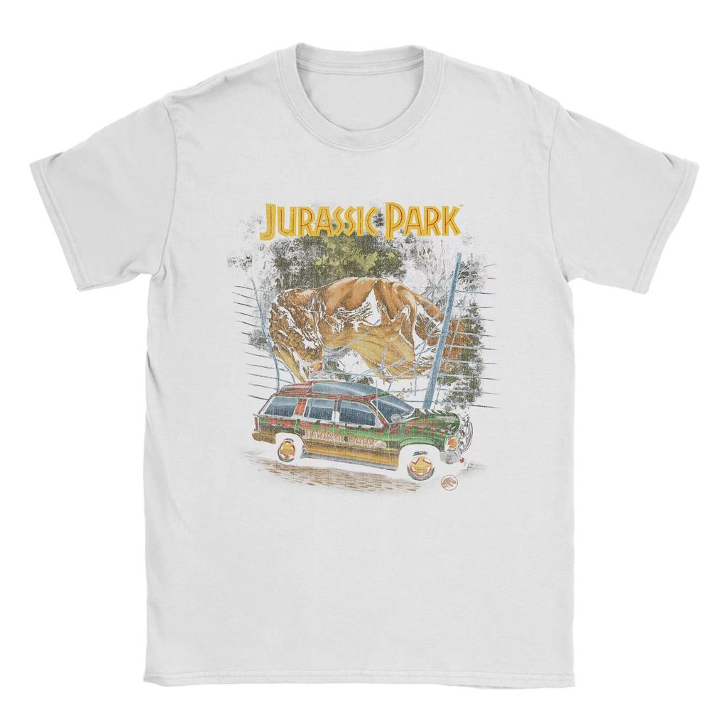 Summer Jurassic Park Retro Tyrannosaurus Rex Car Printed Round Neck T-shirt for Men Fun 100% Cotton Street Outdoor Short Sleeve