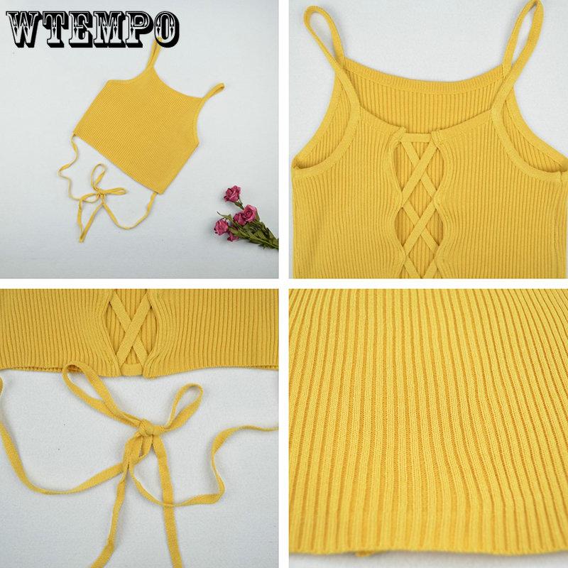 WTEMPO Летние укороченные топы, женские однотонные повседневные бандажные футболки без рукавов, модные черно-белые топы на бретелях на шнуровке