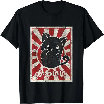Кавайный кот японский черный аниме Любитель кошек Футболка
