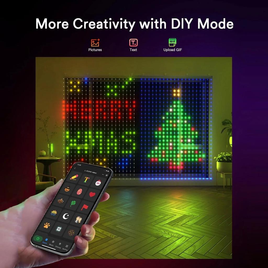 Smart Curtain Lights LED String Lights DIY Dynamic Pattern Music Sync Timer App Remote Control for Bedroom Christmas Party Decor