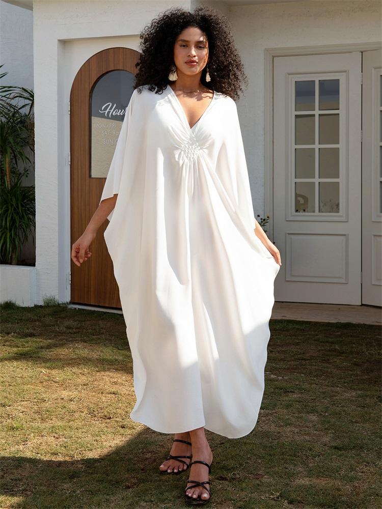Sexy Vacation White Beach Maxi Dress Women's Hand-knit V-neck Batwing Sleeve Plus Size Kaftan 2024 Summer Beachwear Swimsuit Cover Up Q1306