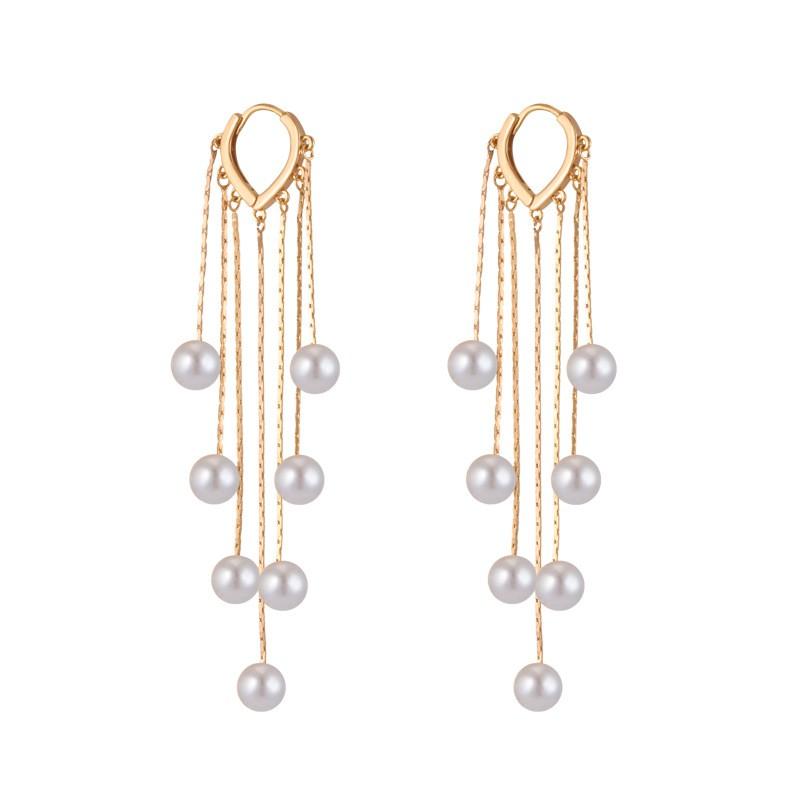 Elegant Long Tassel Earrings With Pearl Strand Gold-Plated Copper Alloy Chic Statement Jewelry Women