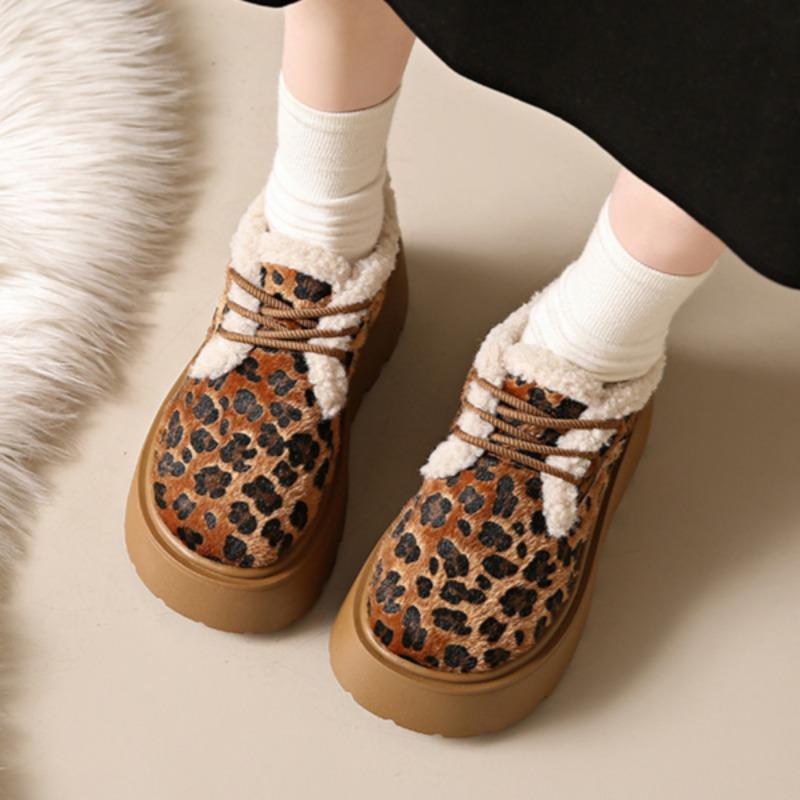 Женские туфли на плоской подошве с леопардовым принтом на меховой платформе из замши и плюша из хлопка, зимняя теплая повседневная спортивная обувь для женщин 2025 года, тренд на шнуровке, Zapatos Mujer
