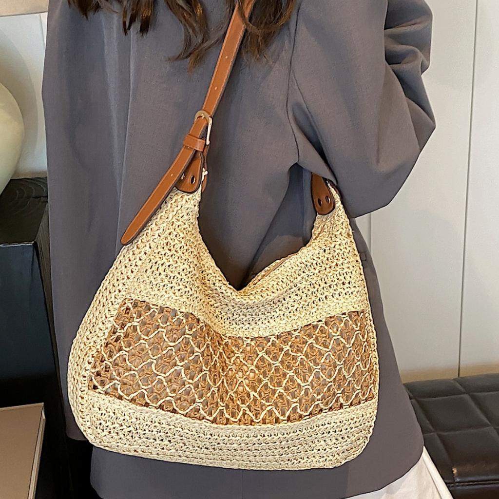 Пляжная соломенная сумка в праздничном стиле, женская, новая модная, плетеная сумка с прорезями, повседневная универсальная сумка через плечо, сумка-мессенджер, плетеная соломенная сумка-тоут для женщин