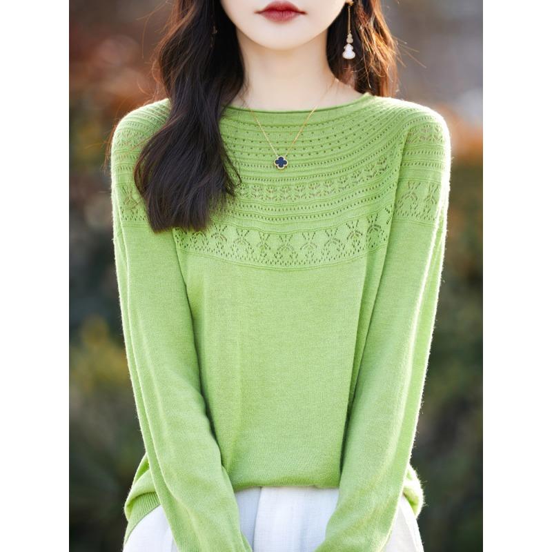One-line Ready-to-wear Rolled Round Neck Hollow Wool Sweater for Women In Summer Loose Versatile Thin Wool Base Shirt for Women