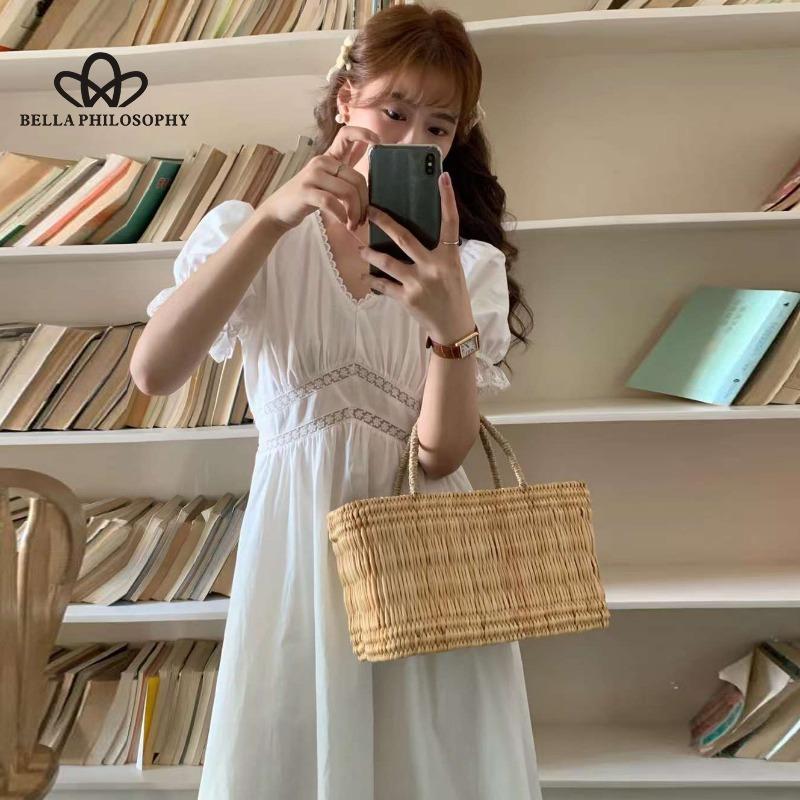 Summer New French Style Romantic Gentle V-neck Lace Stitching Puff Sleeve Tight Waist Slimming Solid Color Short Sleeve Dress