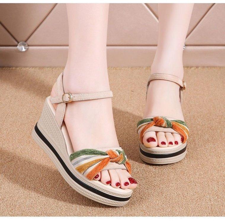 Slope heel leather sandals women's 2025 summer new versatile buckle with high heel thick sole heightening casual outer slippers