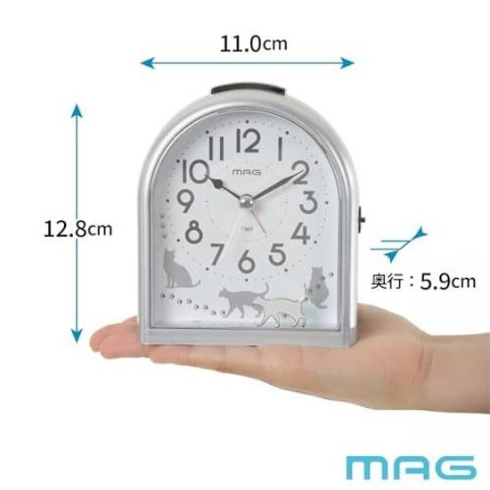 MAG Alarm Clock Table Analog Cat Animal Cute Children Silent Continuous Second Hand Electronic Sound Snooze Light Silver Approximately 12.8 cm tall
