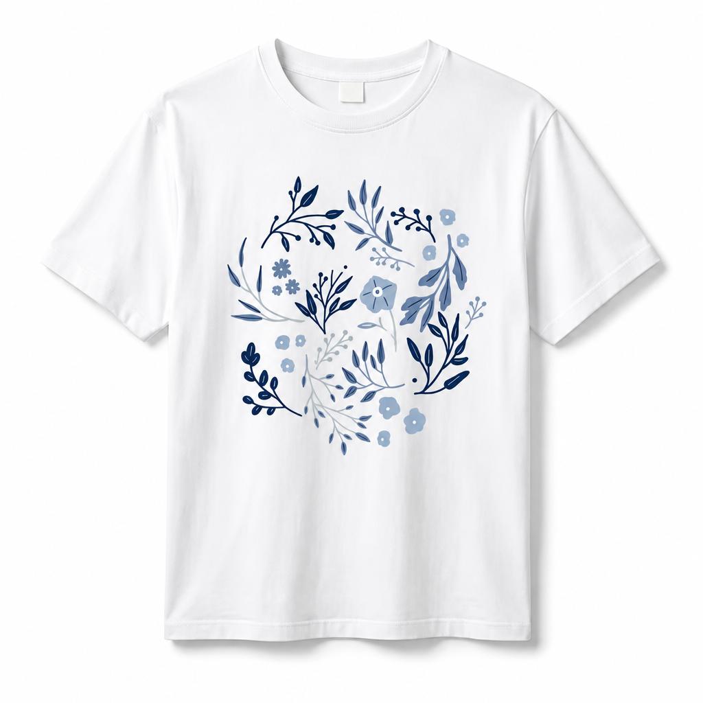 WoUnisexs 100 Cotton TShirt Blue Botanical Floral Print Crew Neck Short Sleeve Casual Soft Summer Daily Tee Top