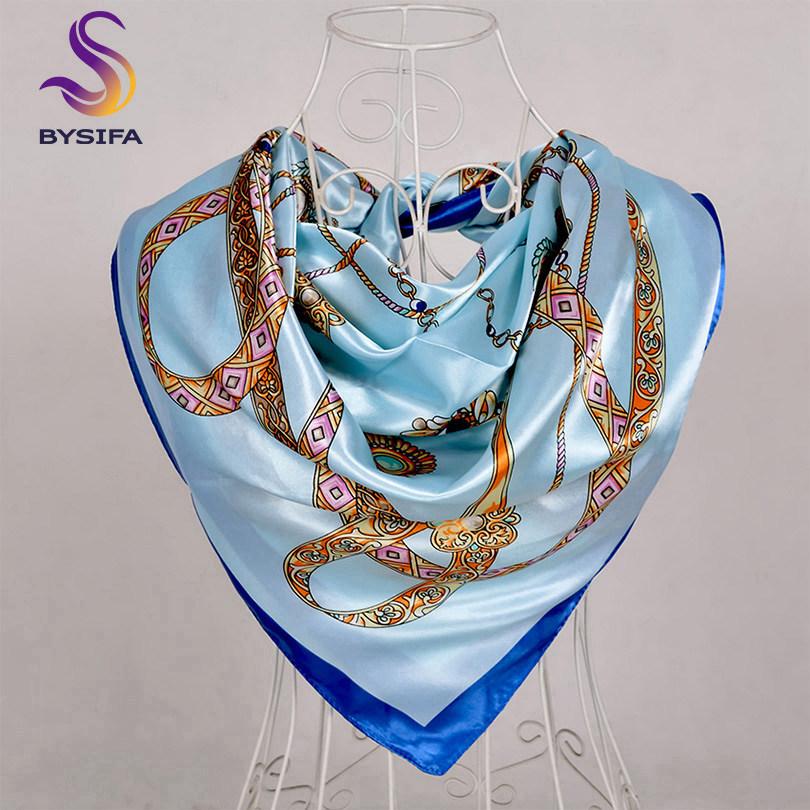 [BYSIFA] China Style Blue White Silk Scarf Cape  New Design Ladies Muslim Head Scarf Printed Fashion Accessories Satin Scarf