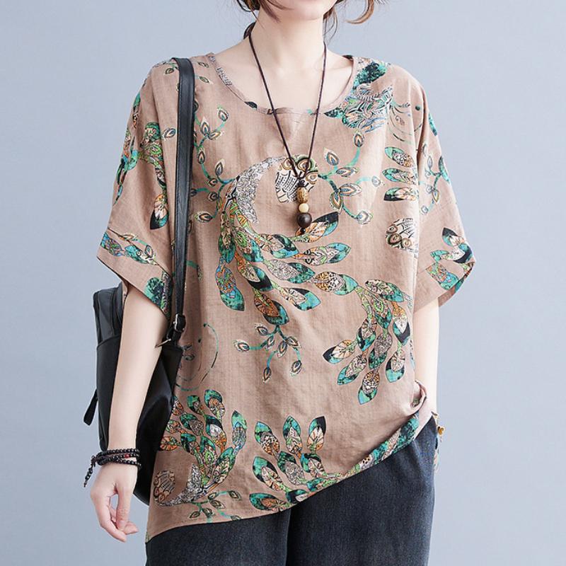 Large Size Loose T-shirt Casual Floral Print Bottom Blouse for Women Vintage O Neck Bat Sleeve Top for Womens