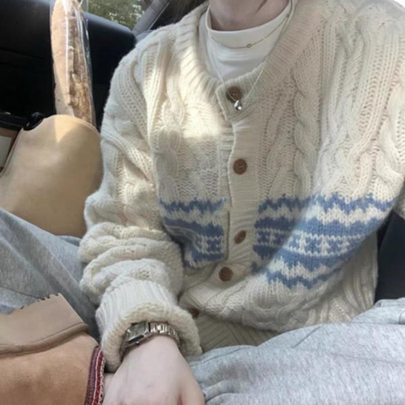 Овечья шерсть ретро цвет контраст японский ленивый ветер свободные жареные переплетения теста кардиган свитер пальто женщины