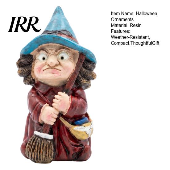 Hand-painted Halloween Figure Witch on Broomstick Resin Figurine, Gnome Statue with Wizard Hat, Decoration Vintage Spooky Decor for Shelf Desk Table,