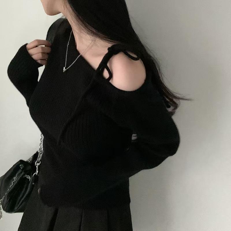 Elegant Off Shoulder Pullover Women Sweater 2025 Fashion Autumn Slant Shoulder Long Sleeve Knit Top Lace-up Solid Casual Korean Style Clothes