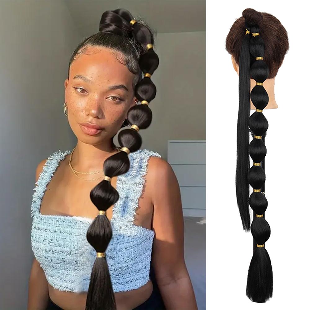 Synthetic Long Bubble Ponytail Extensions Soft and Elastic Puff Ponytail Wrap Around Hair Tie Straight Ponytail For Women Daily Use
