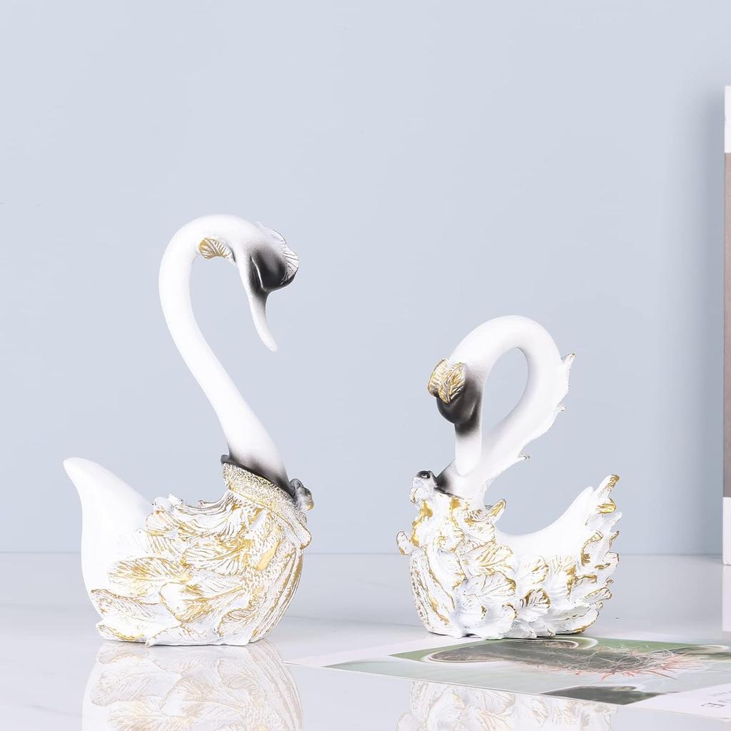 Набор из 2 скульптур лебедя, декор для дома в виде пары лебедей, синие и золотые украшения для комнаты, книжная полка, офис, гостиная, центральная часть обеденного стола