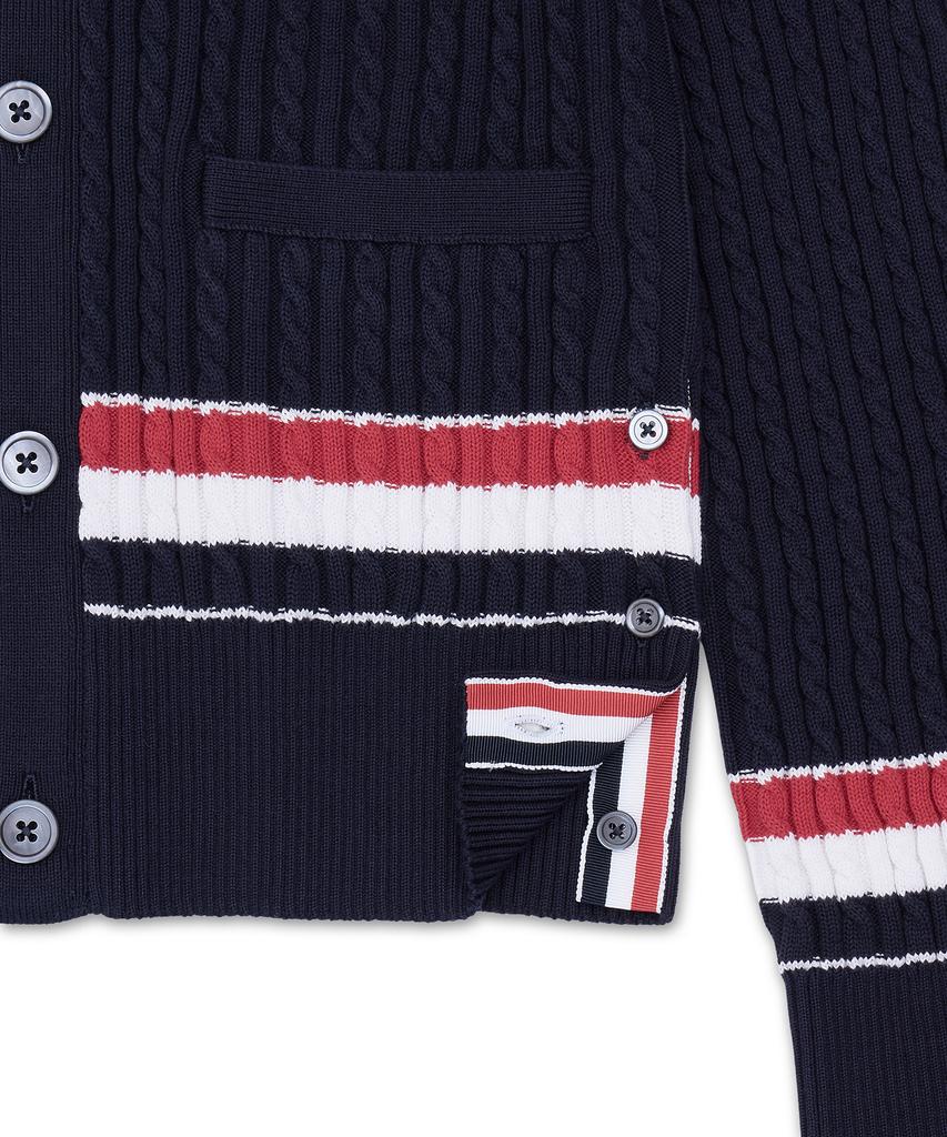 Thom Browne Rwb Striped Cotton Baby Cable V-Neck Cricket Cardigan - Navy / Mkc640Ay3014415
