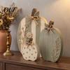 Wood Harvest Table Centerpieces 3Pcs Wildflower Pumpkin Figurines, Farmhouse Fall Tabletop Decor, Rustic Pumpkins with Autumn Decor Embossed