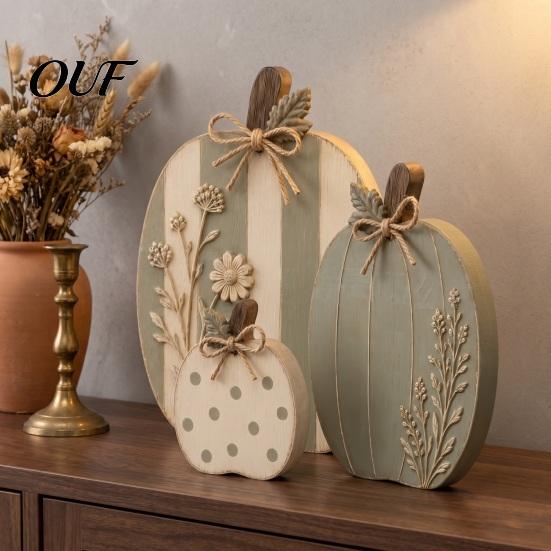 Wood Harvest Table Centerpieces 3Pcs Wildflower Pumpkin Figurines, Farmhouse Fall Tabletop Decor, Rustic Pumpkins with Autumn Decor Embossed