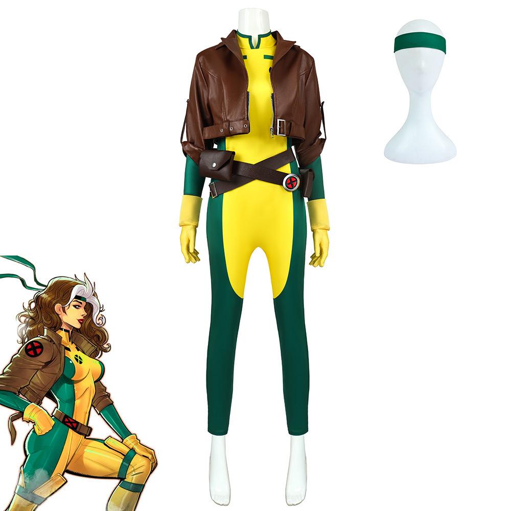 Marvel X-Men Rogue Cosplay Costume Set Anime Role Play Outfit with Wig Gloves Belt for Adult Halloween Party