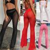 Womens Beach Mesh Sheer Wide Leg Pants Bikini Cover Up Flared Trousers