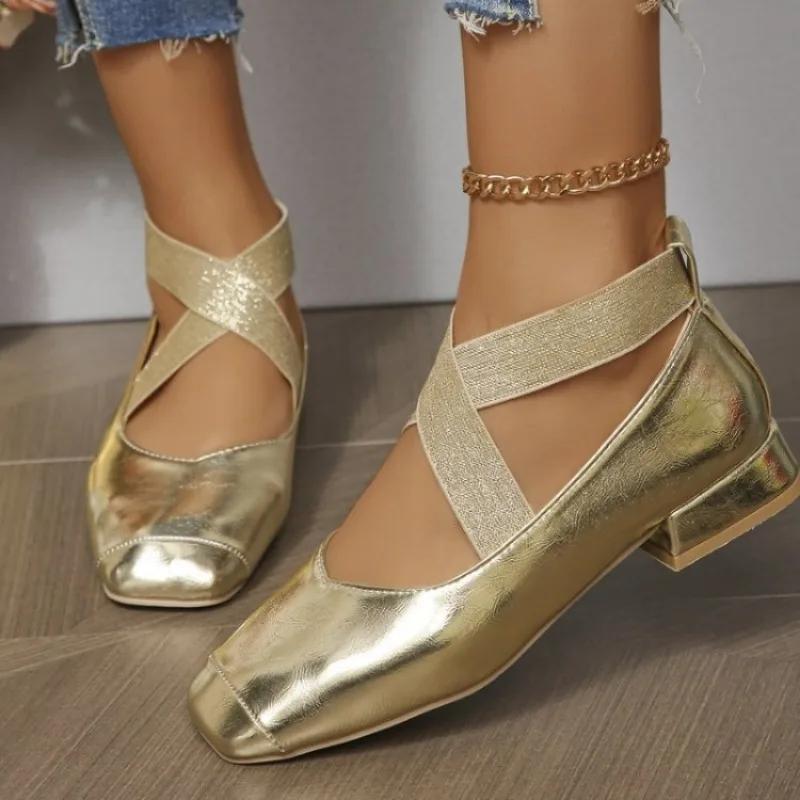 Women Genuine Leather Mary Janes Square Toe Flat Buckle Shallow Ladies Fashion Career Shoes Spring Autumn Gold Silver 40