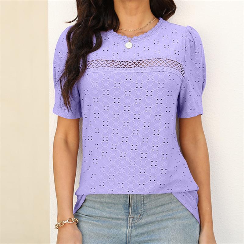Летняя женская кружевная лоскутная блузка с коротким рукавом розового и белого цвета, повседневная женская пуловер с круглым вырезом, топ