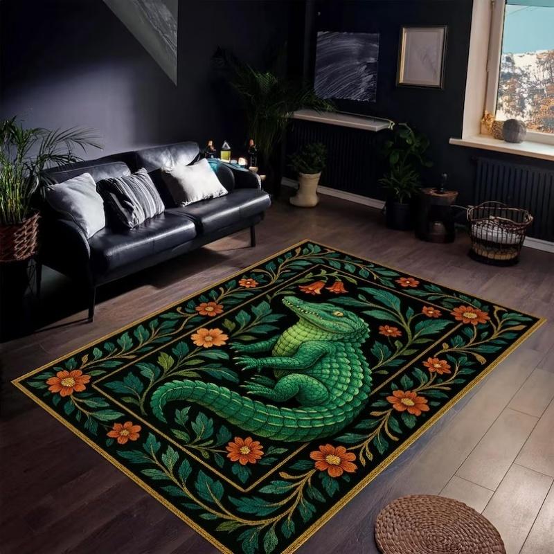 Alligator Crocodile Area Rug Floral Vintage Decor Non-slip Carpet Living Room Bedroom Large Size African Safari Style Floor Mat