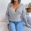 Women Autumn Winter Hollow V Neck Bat Sleeve High Waist Solid Color Pullover Sweater
