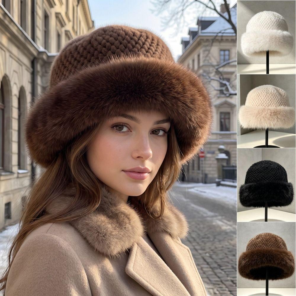 Korean Style Fluffy Fur Hat Brimless Plush Bucket Hat Retro Panama Cap Outdoor