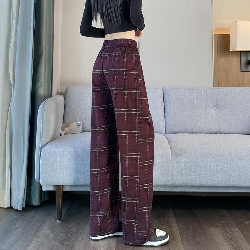 Женские весенние новые клетчатые свободные повседневные узкие прямые цилиндрические брюки с эластичной резинкой на талии, ленивые широкие брюки