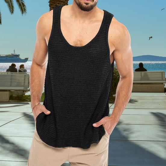 Men Summer Knitted Tops O-neck Sleeveless Solid Color Loose Fit Pullover Tops Stretchy Vest Streetwear