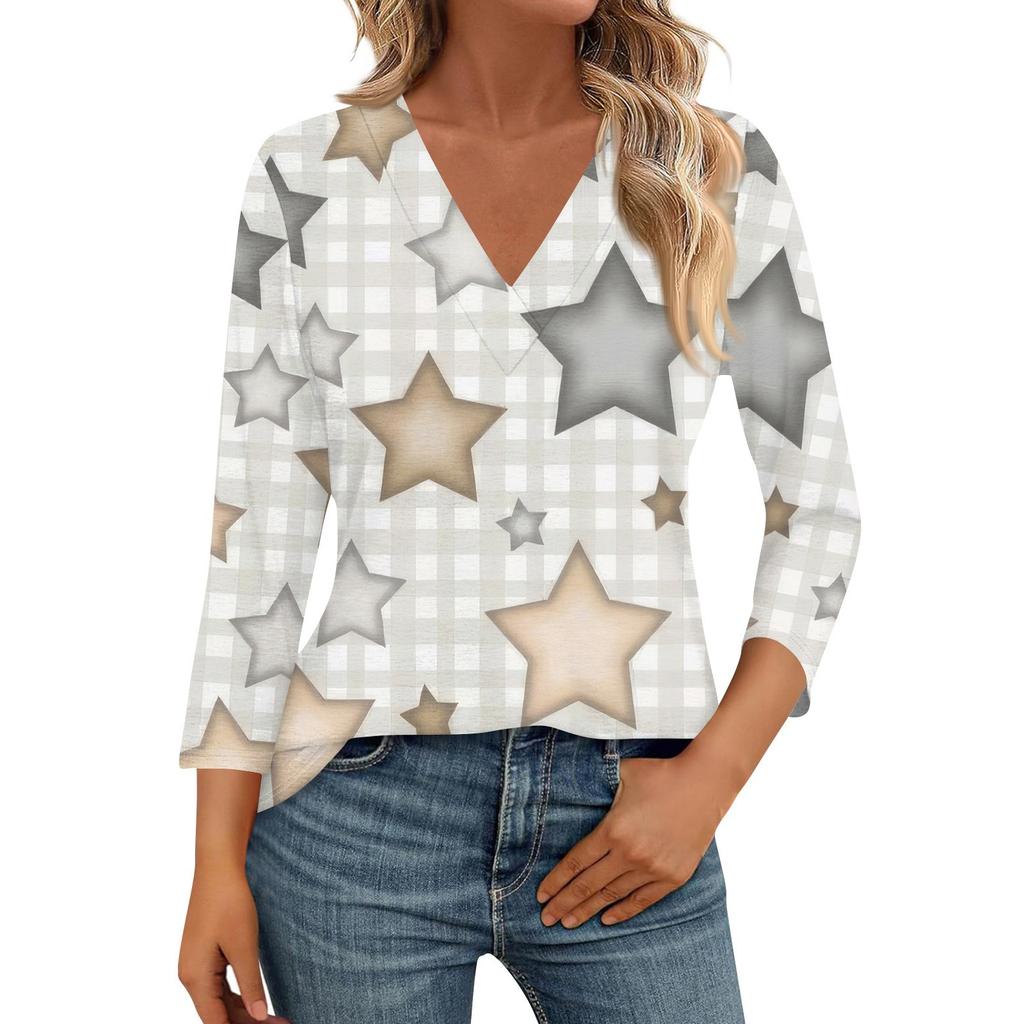 Женские рубашки с рукавом 3/4, топы с принтом и V-образным вырезом, повседневные топы, базовые футболки, блузки, свободные топы