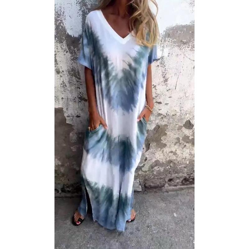 YYFS Women's Fashion Summer Spring Colour Block Print Short Sleeve V-Neck Loose Waistline Casual Dresses