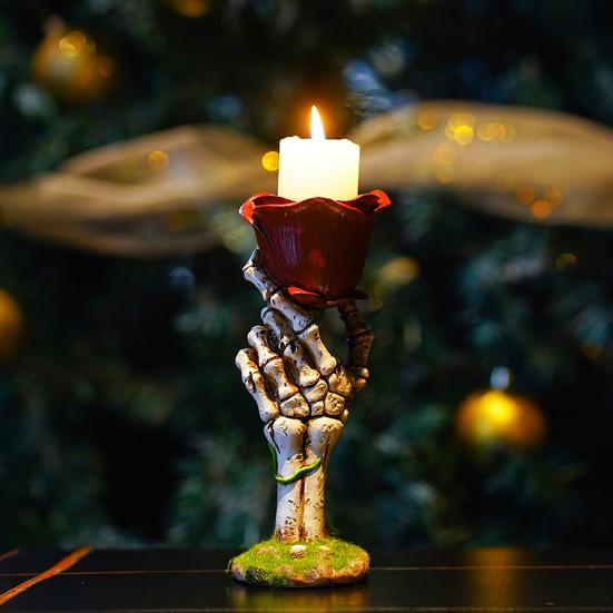 Скелет в виде розы, подсвечник, рука-призрак, держащая цветок, фигурка из смолы, конический столб, свеча, подсвечник, центральная часть стола