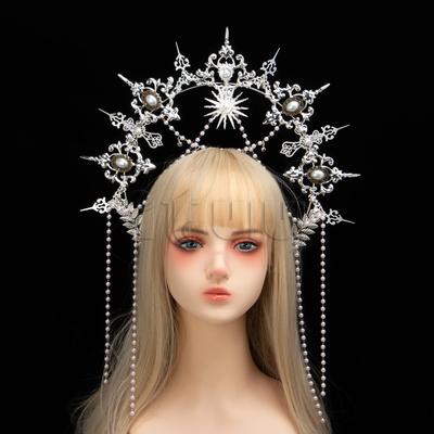 Серебряная Готическая KC Корона-нимб Головной убор Лолита Богиня Солнца Королева Барочная Тиара Хэллоуин Повязка на голову Аксессуары для волос