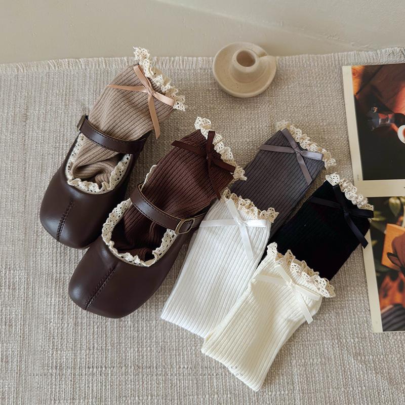 Милые детские носки принцессы для девочек в стиле ретро с кружевом и бантом, детские носки из мягкого хлопкового ворса для школы на весну и осень