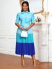 Blue Pleated Patchwork Women Dresses Mock Neck Short Sleeve A Line Casual Evening Gowns