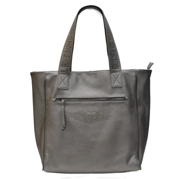 Sac shopping - LE TEMPS DES CERISES - Fresh - Gris canon de fusil - Toile enduite - Zippée