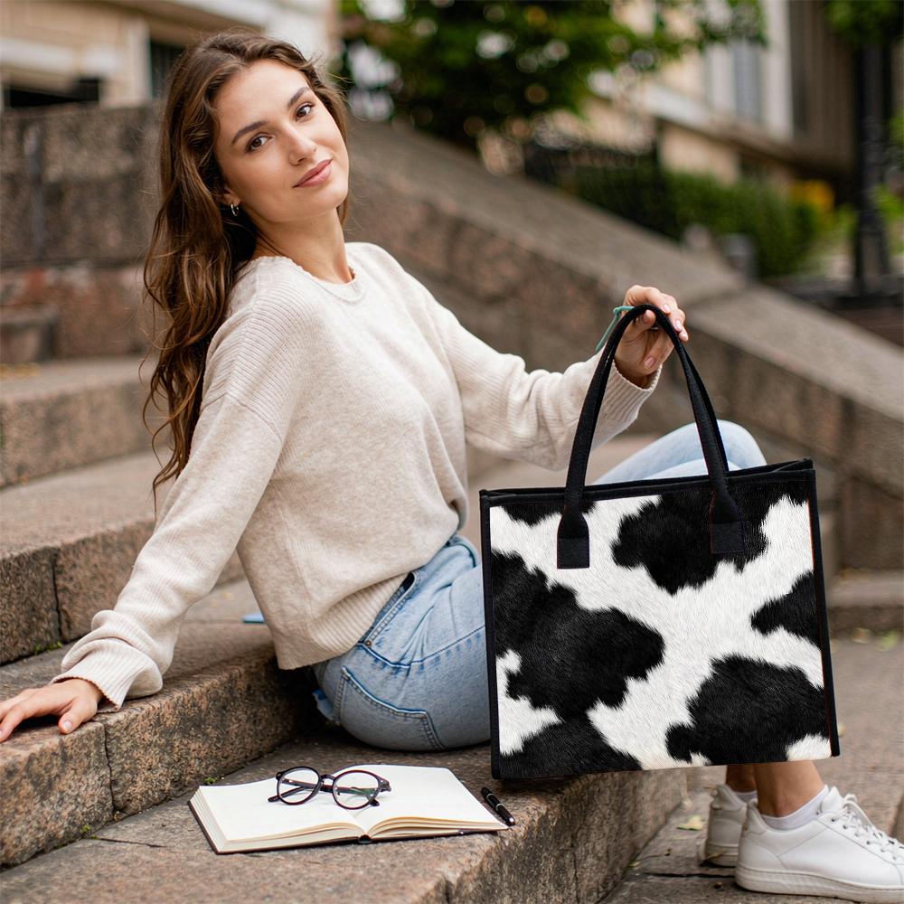 Cow Pattern Tote Bag Fashionable Stylish Large Capacity Daily Commute Portable Shoulder Handbag