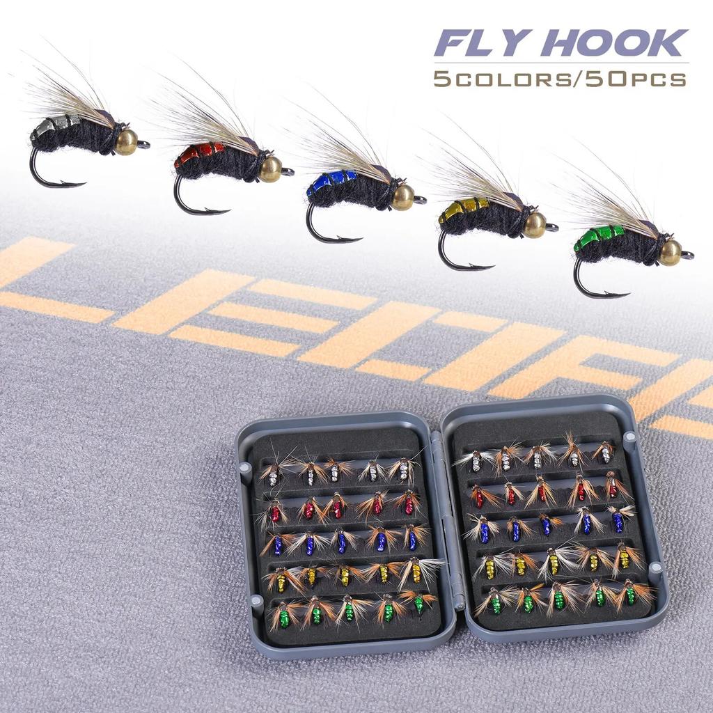 LEO FISHING 50pcs/40pcs Box Fishing Accessory Goods Bead Head Fast Sinking Nymph Scud Fly Bug Worm Trout Fishing Tools Insect Fishing Bait Lure