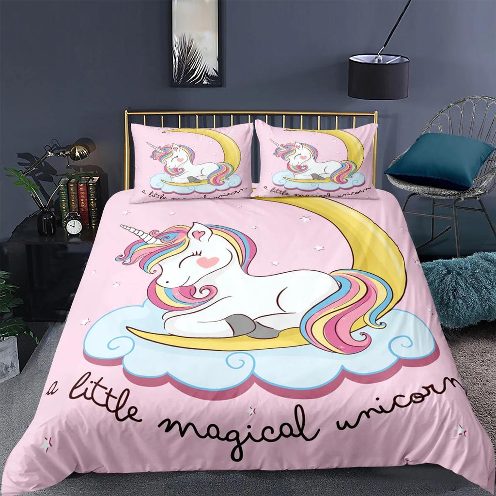 Unicorn Bedding Set King Queen White Pink Unicorn Duvet Cover For Girls Boys Dreamy Cartoon Sparkle Lilac Polyester Quilt Cover