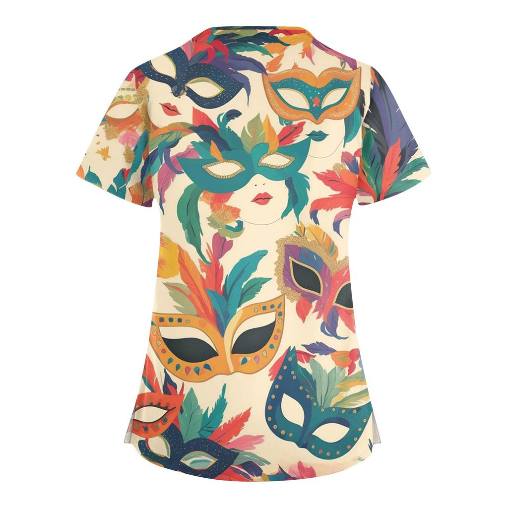 Женская модная рабочая одежда с V-образным вырезом и короткими рукавами, с карманами, топ с карнавальным принтом, униформа для сиделки