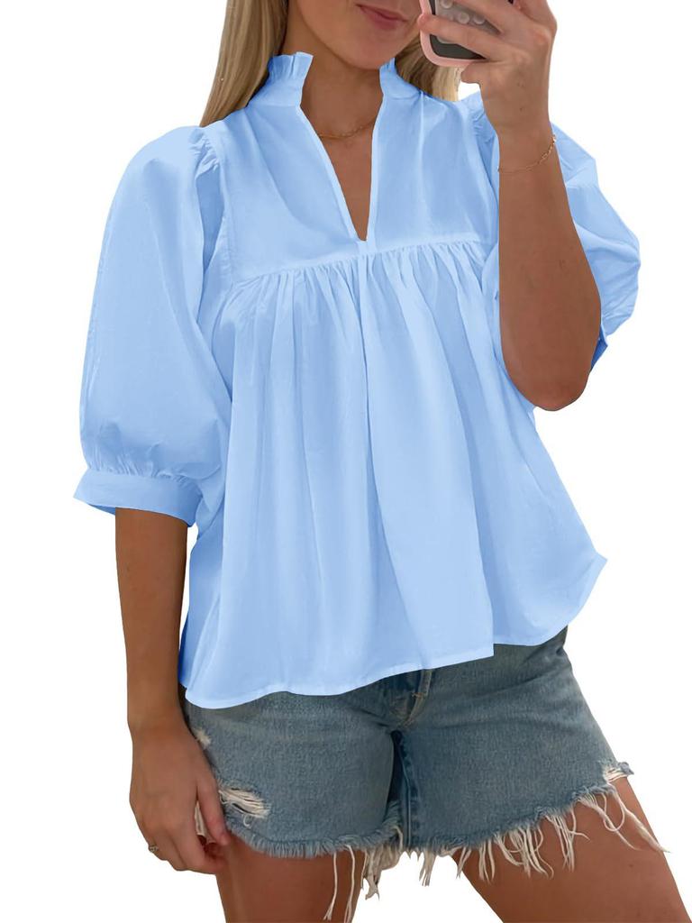 2025 Женская блузка с V-образным вырезом, свободным рукавом-фонариком, однотонная, повседневная, плиссированная - Европейский и американский стиль для работы