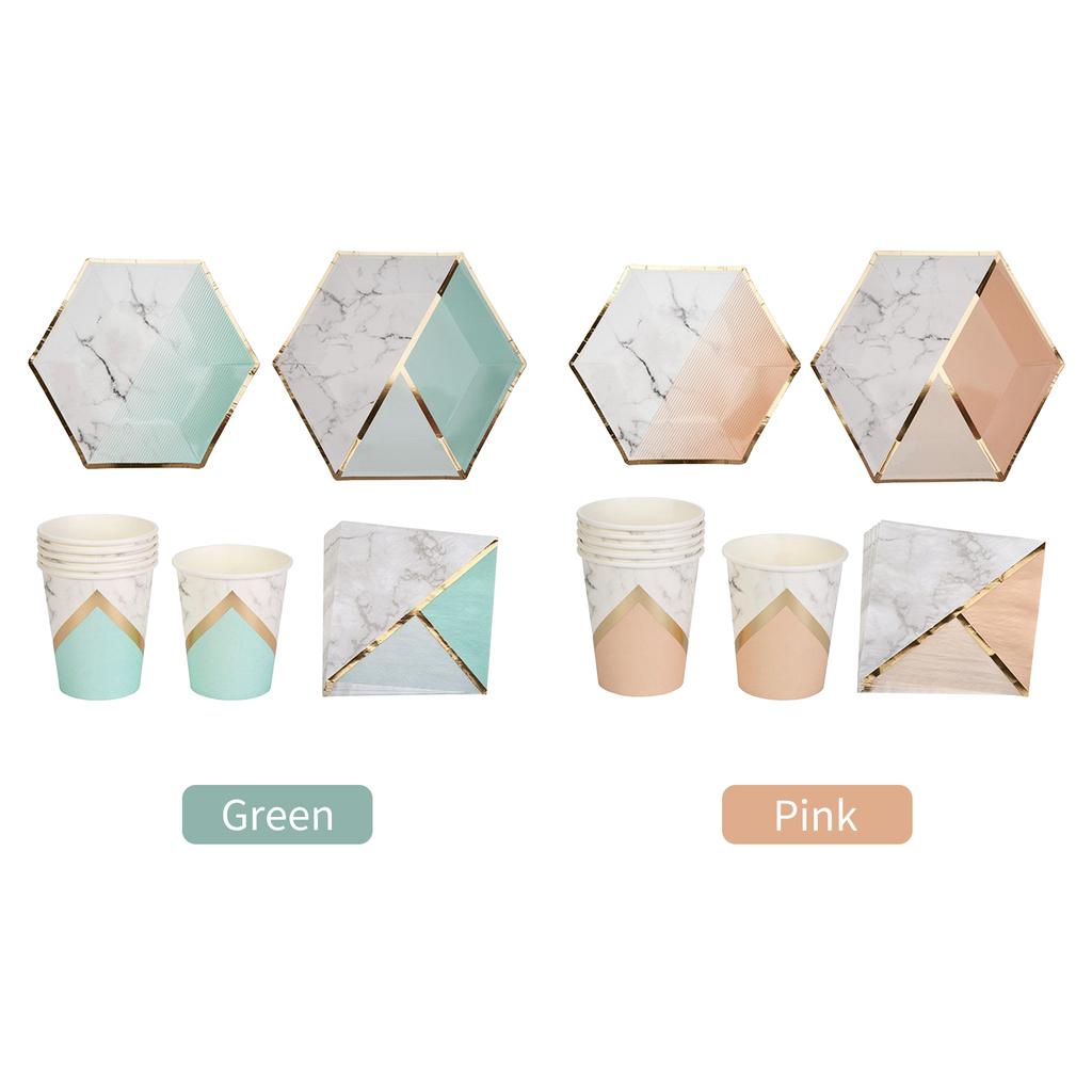 Набор одноразовой посуды на 8 гостей. Одноразовая бумажная посуда с мраморным узором. Шестиугольные тарелки.