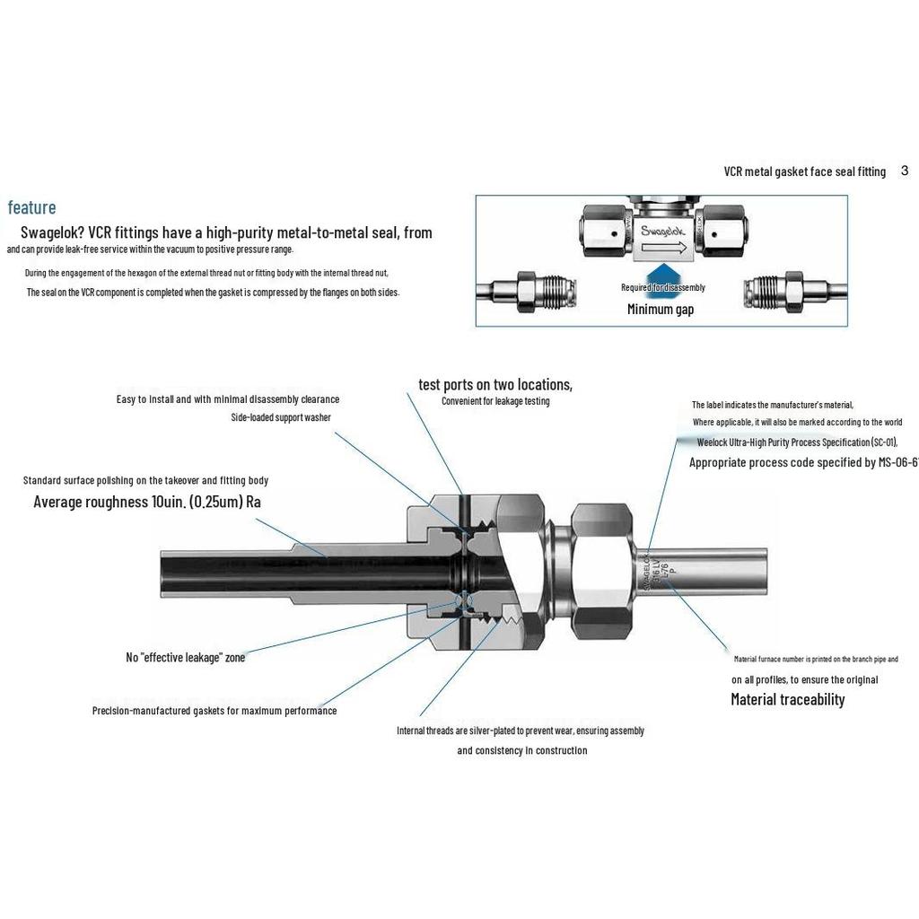6LV-4-VCR-3-4TB3 Swagelok 316L VAR VCR Long Ferrule Tube to Weld Fitting